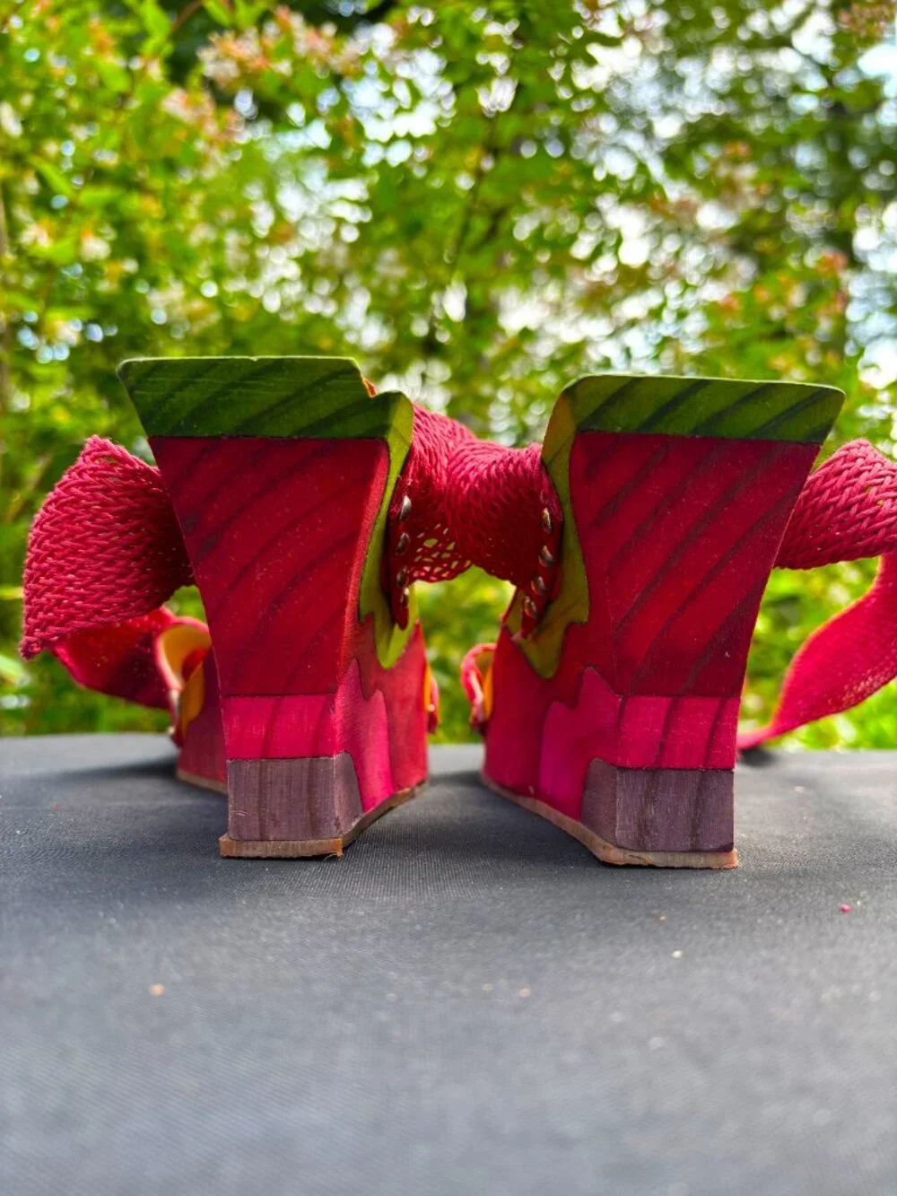 Paloma Barcelo Colorful Wood Wedge Sandals with Ballet Strap Ties Size 7